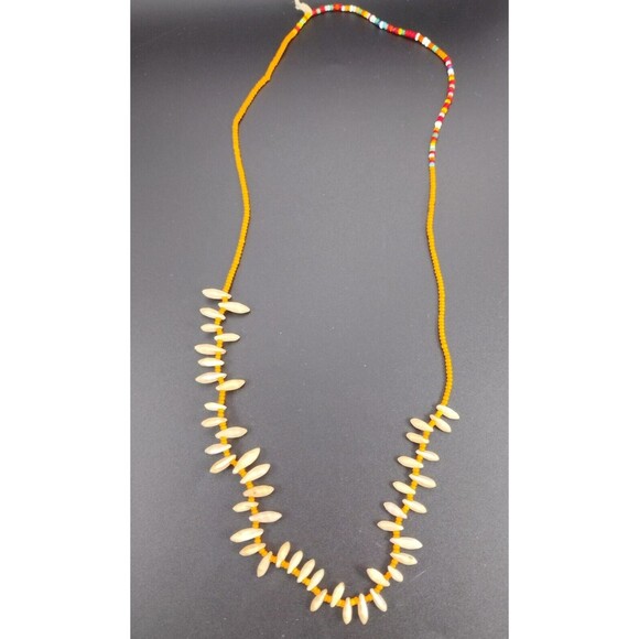 Vintage Beaded Cowrie Shell Necklace Handmade Lot of 2 Red Orange White - Picture 3 of 7